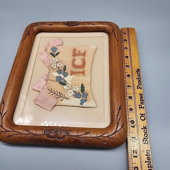 Vintage Antique Wall Hanging Wooden Framed 8x10" Hand Painted Pink Silk Bag - Picture 9 of 10
